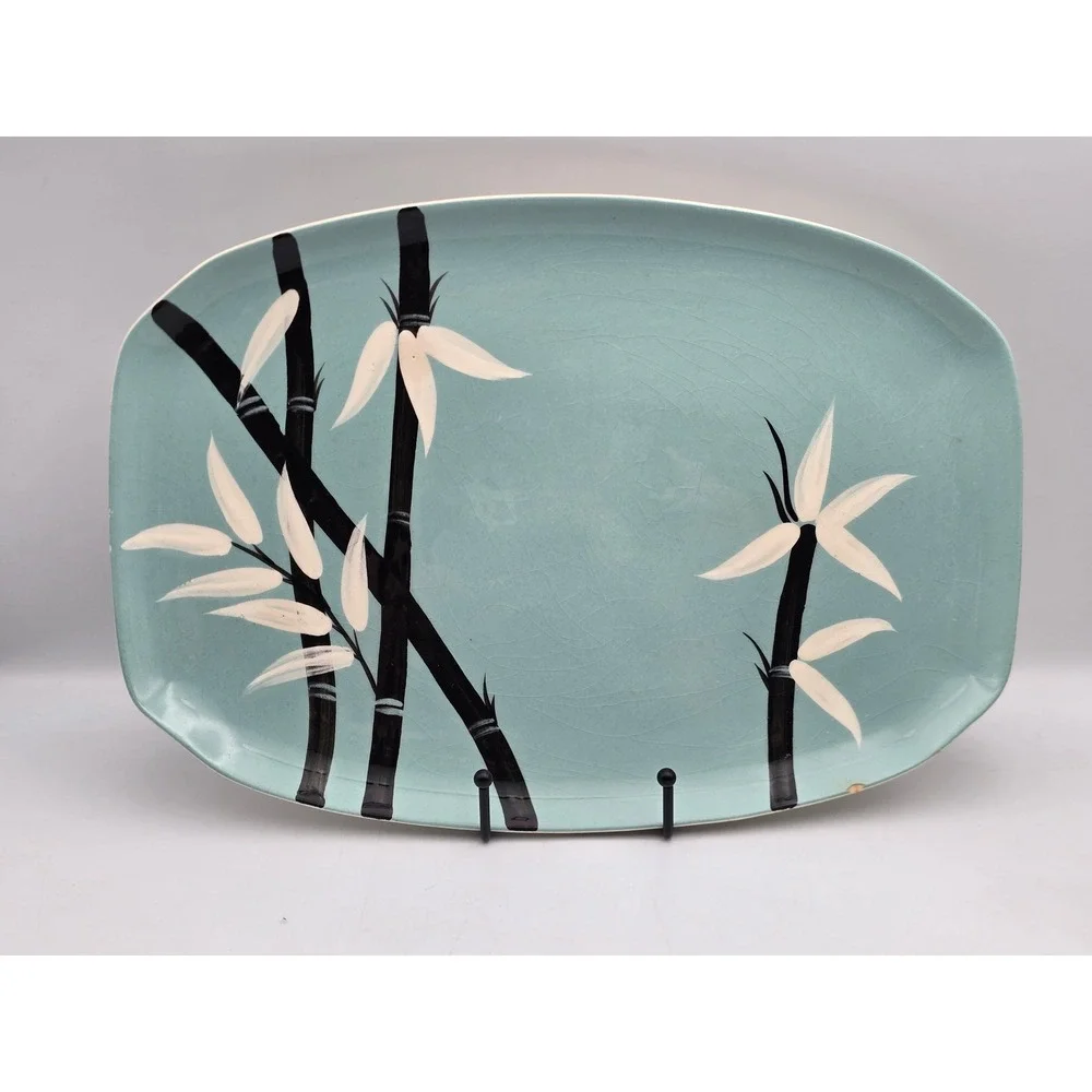 Weil Ware Platter Turquoise Fair Bamboo MCM California Pottery 13.5in